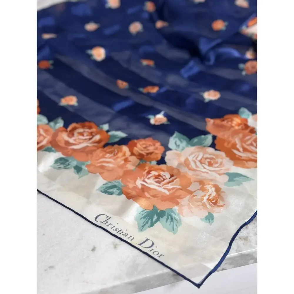 Auth Christian Dior Colorful Floral Stripe Silk Scarf 34 By 34